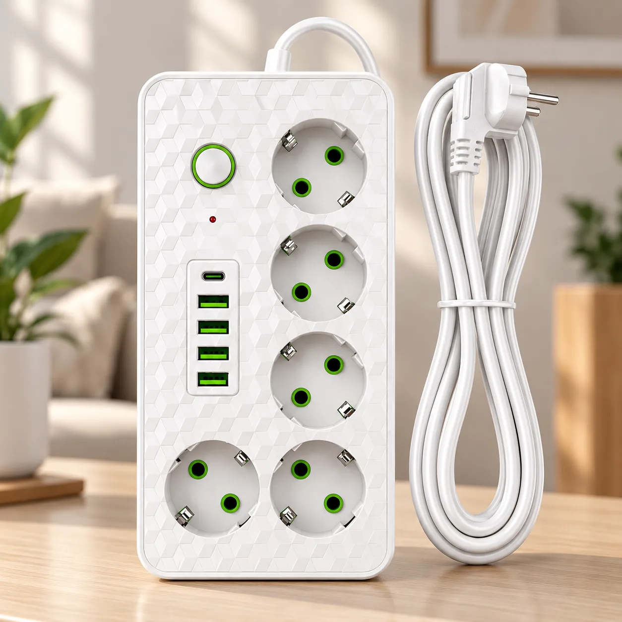 Білий Мережевий фільтр на 5 розеток HG-2505 / Подовжувач на 3м 4×USB+Type-C чорний / Фільтр мережевий 2500Вт