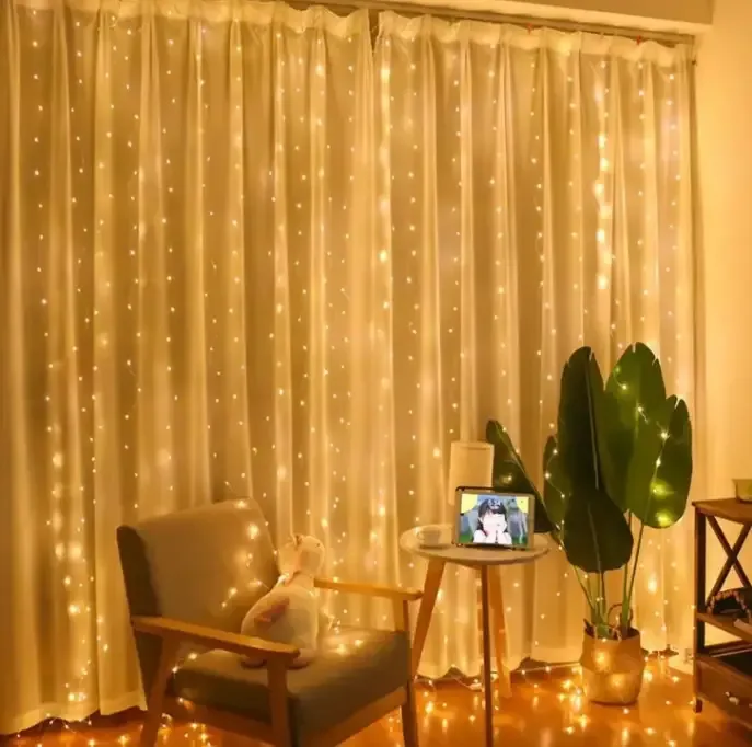 Гірлянда-штора "Роса" на дроті, 3х2 м, 200 LED, пульт + USB, теплий білий