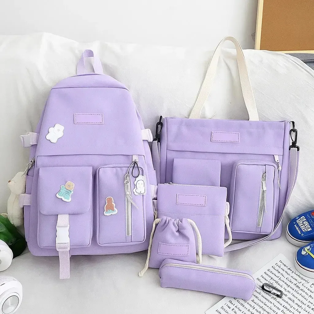 Purple school backpack set 5-in-1 + bag, 42×30×12 cm