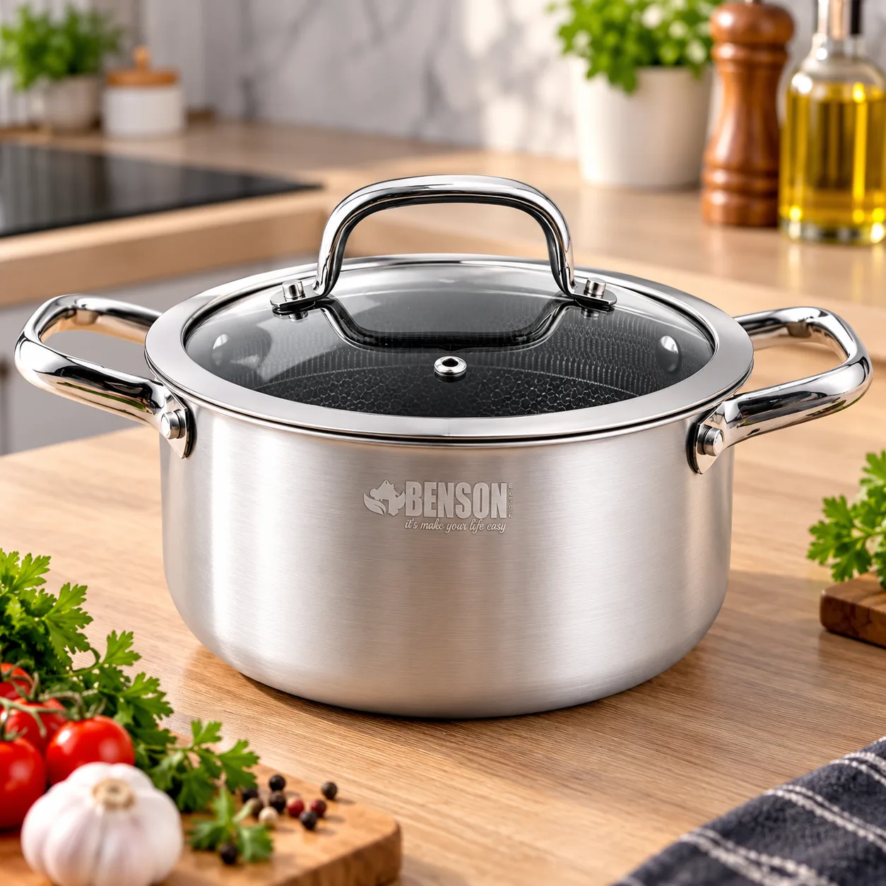 Каструля з нержавіючої сталі з кришкою 4,7л 24см / Каструля Benson з антипригарним покриттям