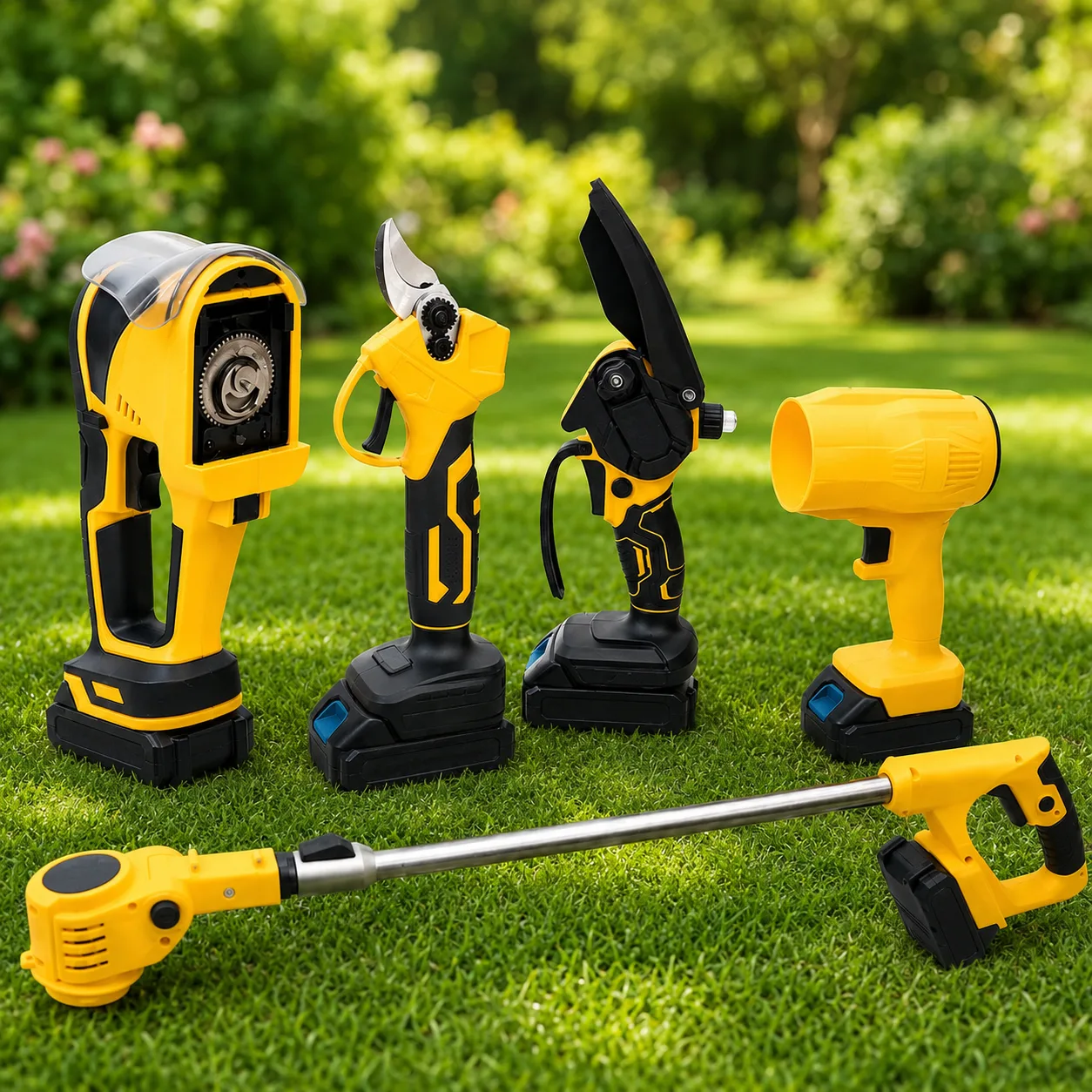 Садовий набір 6в1 VOLLYX 48VF: газонокосарка, секатор, пила, повітродувка, ножиці, штанга-подовжувач, 2 АКБ, жовтий