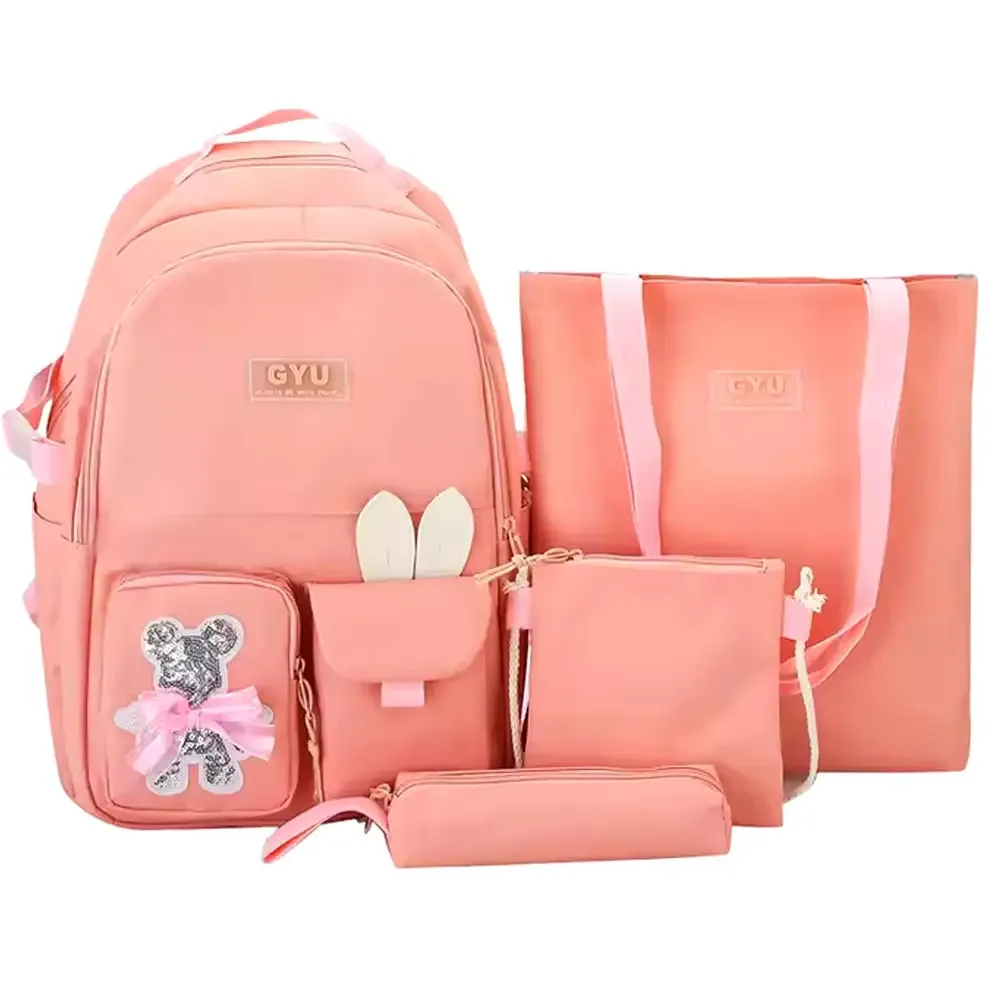 School Backpack Set 4-in-1 (backpack, shopper bag, purse, pencil case), sequin teddy bear, pink