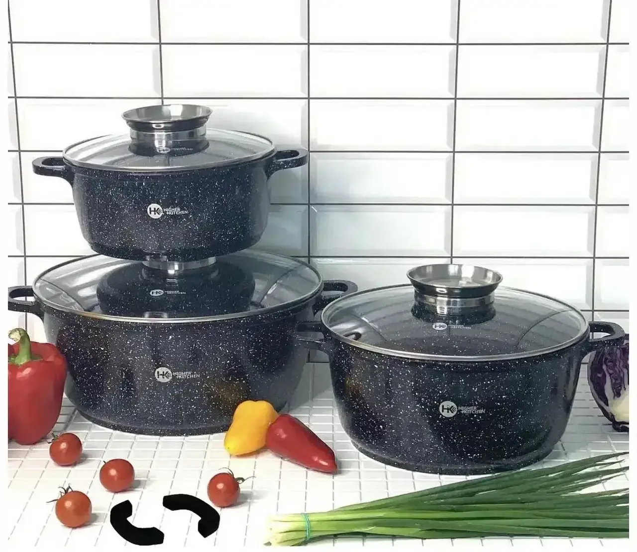 Набір каструль Higher Kitchen НК-301, гранітне антипригарне покриття, 8 предметів