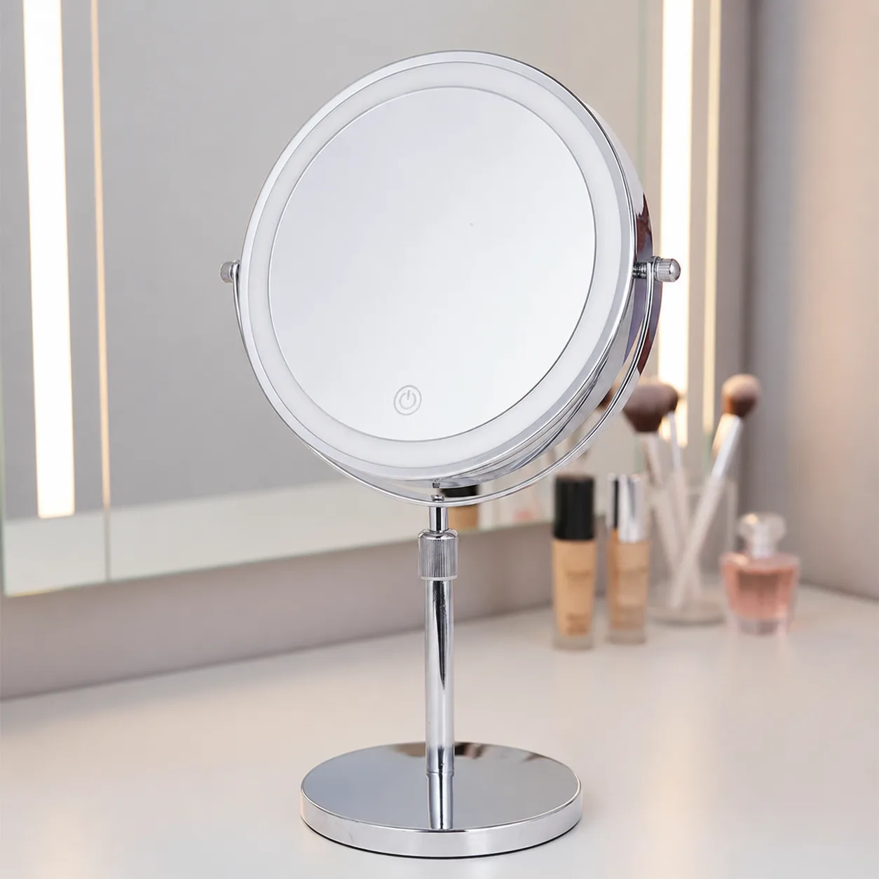 Two-sided makeup mirror 8″ with LED backlight, 10X magnification
