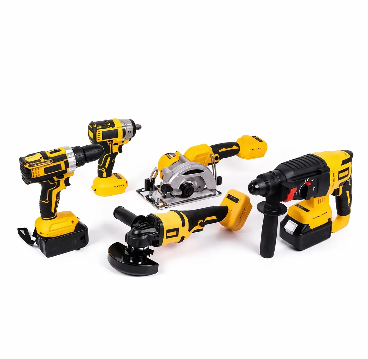 5-in-1 power tool set: hammer drill, impact wrench, screwdriver, angle grinder, circular saw, 4 batteries, yellow