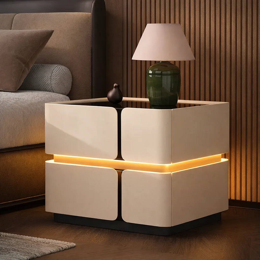 Тумба приліжкова з екошкіри, LED-підсвічування, USB, датчик освітлення, бездротова зарядка, Bluetooth-аудіо, біла
