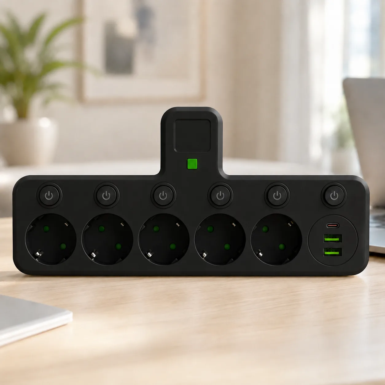 Мережевий фільтр-адаптер на 5 розеток + USB з індивідуальними кнопками та LED-підсвіткою, чорний