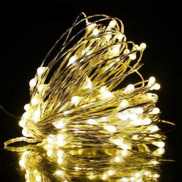 Гирлянда новогодняя медный провод 100 LED 10 м, теплый белый, силиконовый провод (7109)