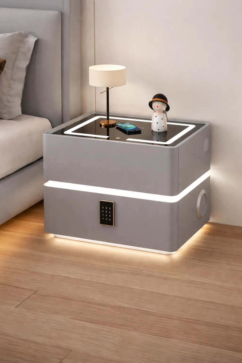 Тумба XF01 из экокожи, сейф, LED-подсветка, Bluetooth, Серая