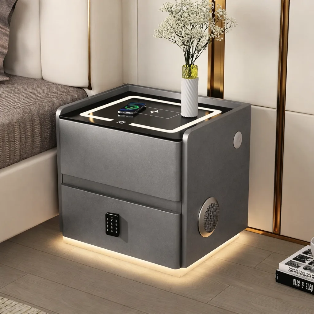 Тумба YJXF01 из экокожи, LED-подсветка, USB, датчик движения, беспроводная зарядка, Bluetooth-аудио, серая, 50х40х47 см