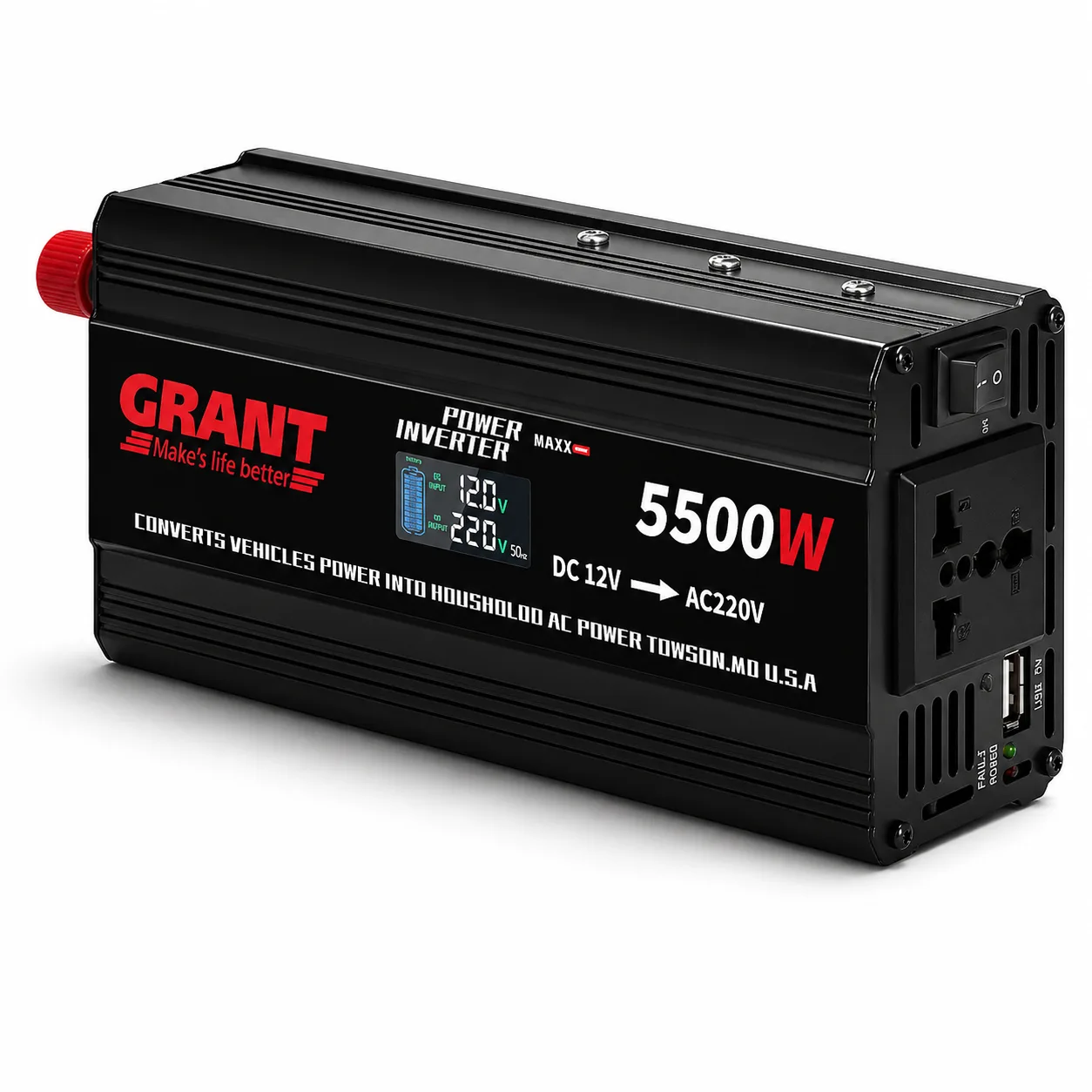 Інвертор автомобільний GRANT Power Maxx 5500W, з LCD-екраном (12V → 220V)