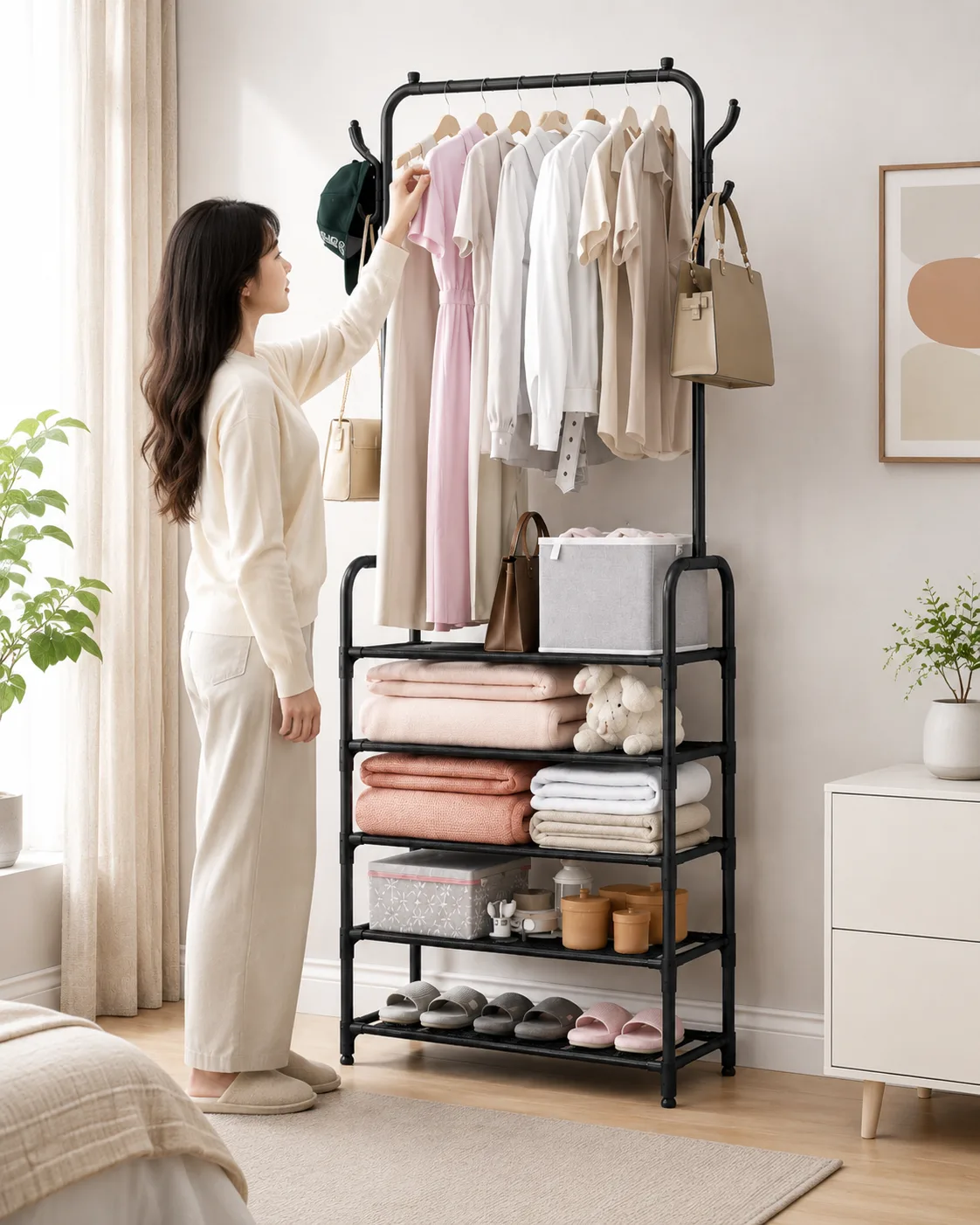 Вішалка для одягу з полицями для взуття Clothes Rack Up, чорна, 170x60x26 см