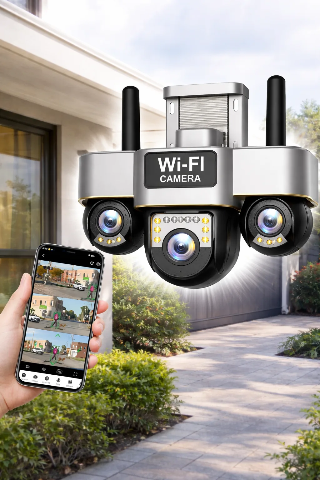 Камера видеонаблюдения уличная Wi-Fi Smart Net SC28 V380 PRO 15MP, 3 объектива, поворотная