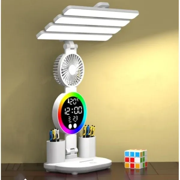 Настільна LED лампа акумуляторна, 4 плафони, RGB-підсвічування, годинник, вентилятор