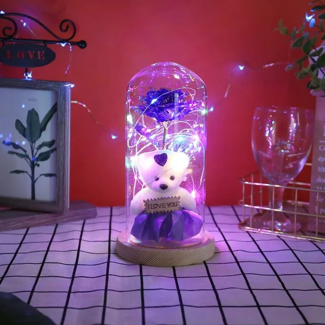 Ночник Роза в колбе с мишкой, LED, 20 см, красный