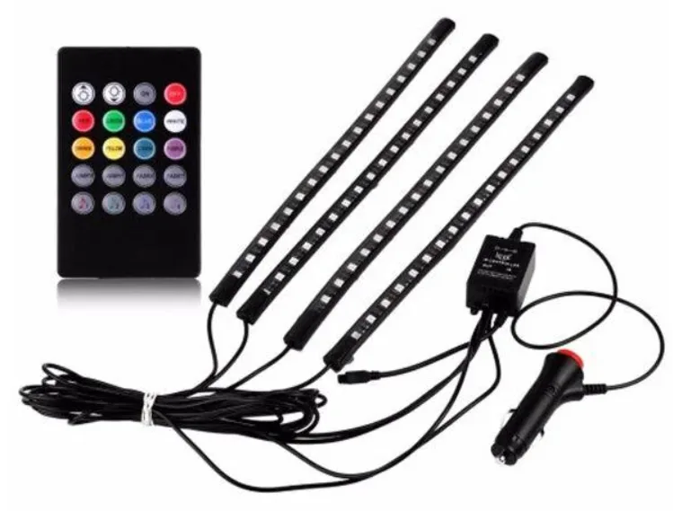 Світлодіодна RGB стрічка для підсвічування салону авто, з пультом ДК, 4 шт по 9 LED, ELITE LUX EL-1228