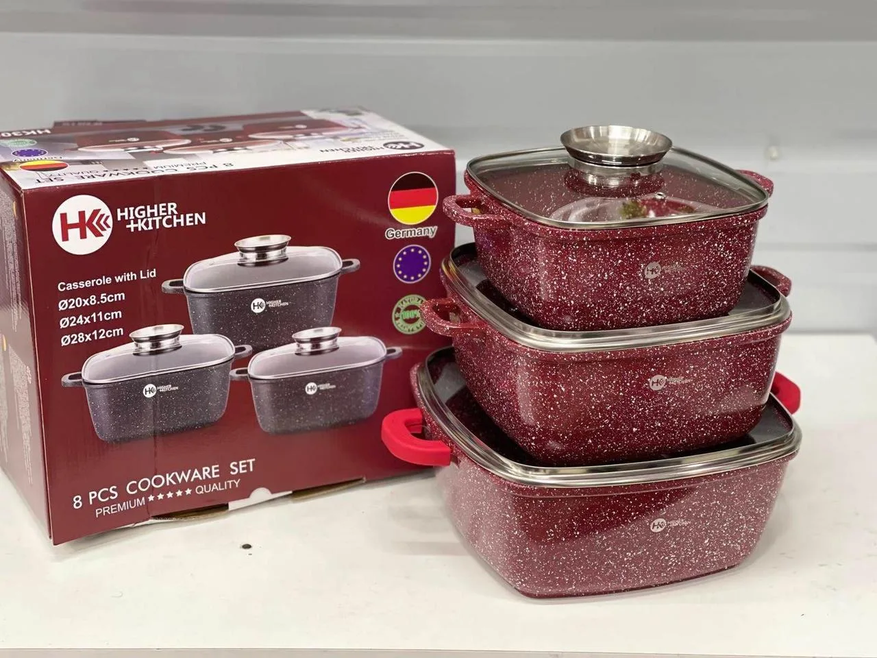 Набор кастрюль Higher Kitchen HK-302, красные, с гранитным антипригарным покрытием