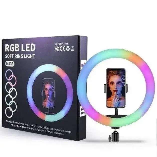 Лампа кольцевая LED RGB MJ33 (33 см) для селфи, фото и видео, 1 крепление, управление на проводе