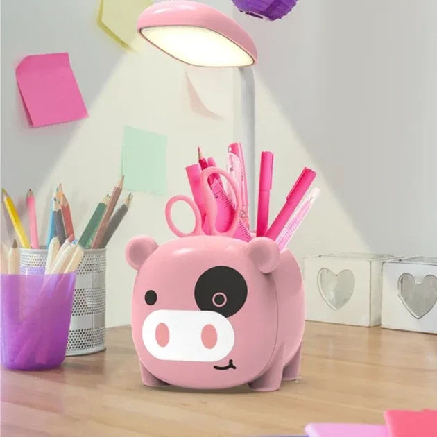 Лампа Quite Light Piggy с органайзером для ручек и подставкой для телефона, аккумуляторная, розовая