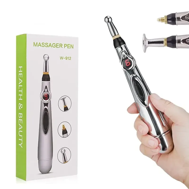 Масажер для тіла електричний ручний Massager Pen W-912, 3в1, 3 насадки, на батарейках, сріблястий
