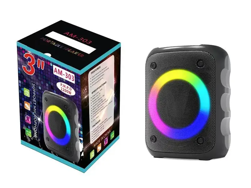 Колонка портативна Bluetooth AM-303, LED-підсвітка, чорна