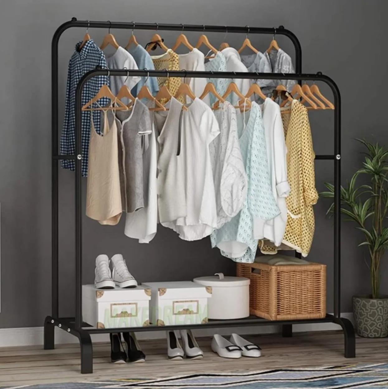 Стійка-вішалка подвійна для одягу та взуття Loft Rack, підлогова, сталева, з полицею, чорна