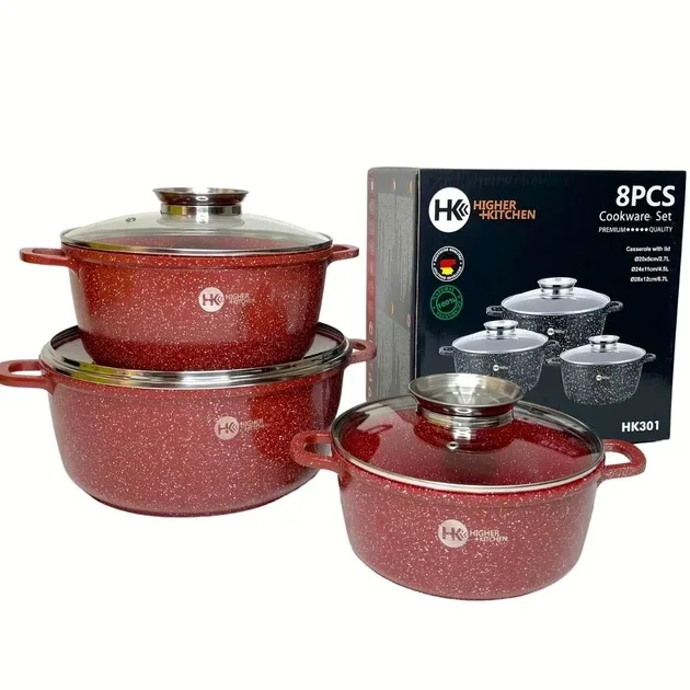 Набір каструль Higher Kitchen HK-301 червоний, гранітне антипригарне покриття, 6 предметів