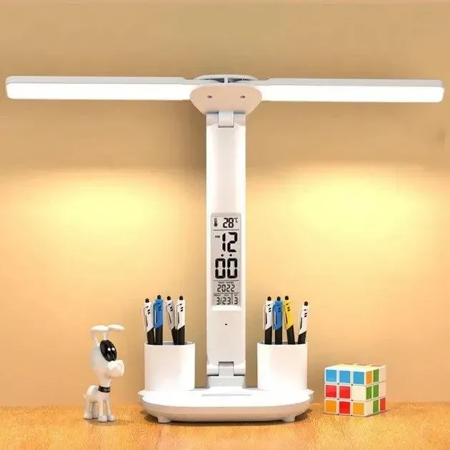 LED Desk Lamp with two shades, rechargeable, with thermometer, clock, calendar