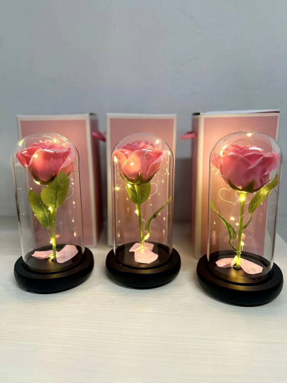 Роза стабилизированная в колбе под стеклянным куполом, Pink, с подсветкой, большая