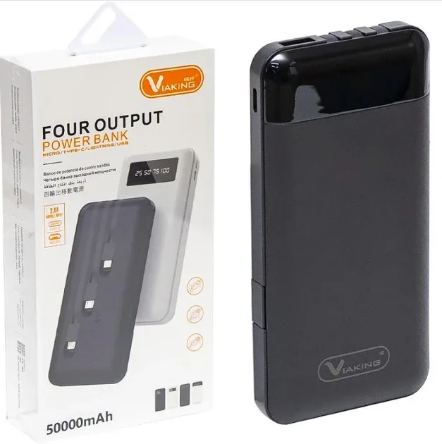 Павербанк Viaking N6, 50000 мАч, встроенные кабели USB/micro USB/Type-C/Lightning, с подставкой для телефона