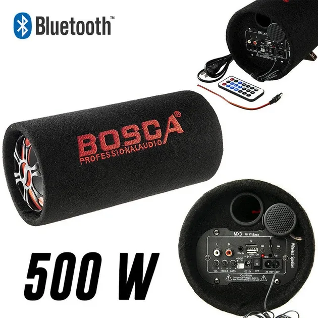 Колонка беспроводная сабвуфер 5" Bluetooth FM 12В и 220В 500W BOSCA, черная