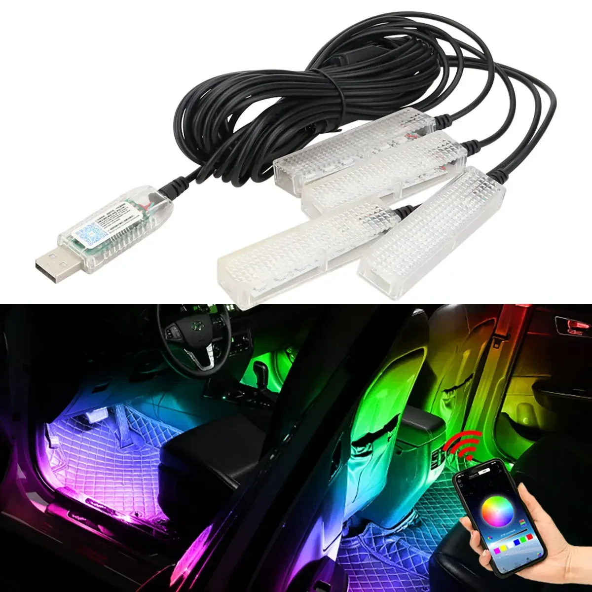Автомобильная RGB подсветка салона с управлением через приложение, 4 шт, USB