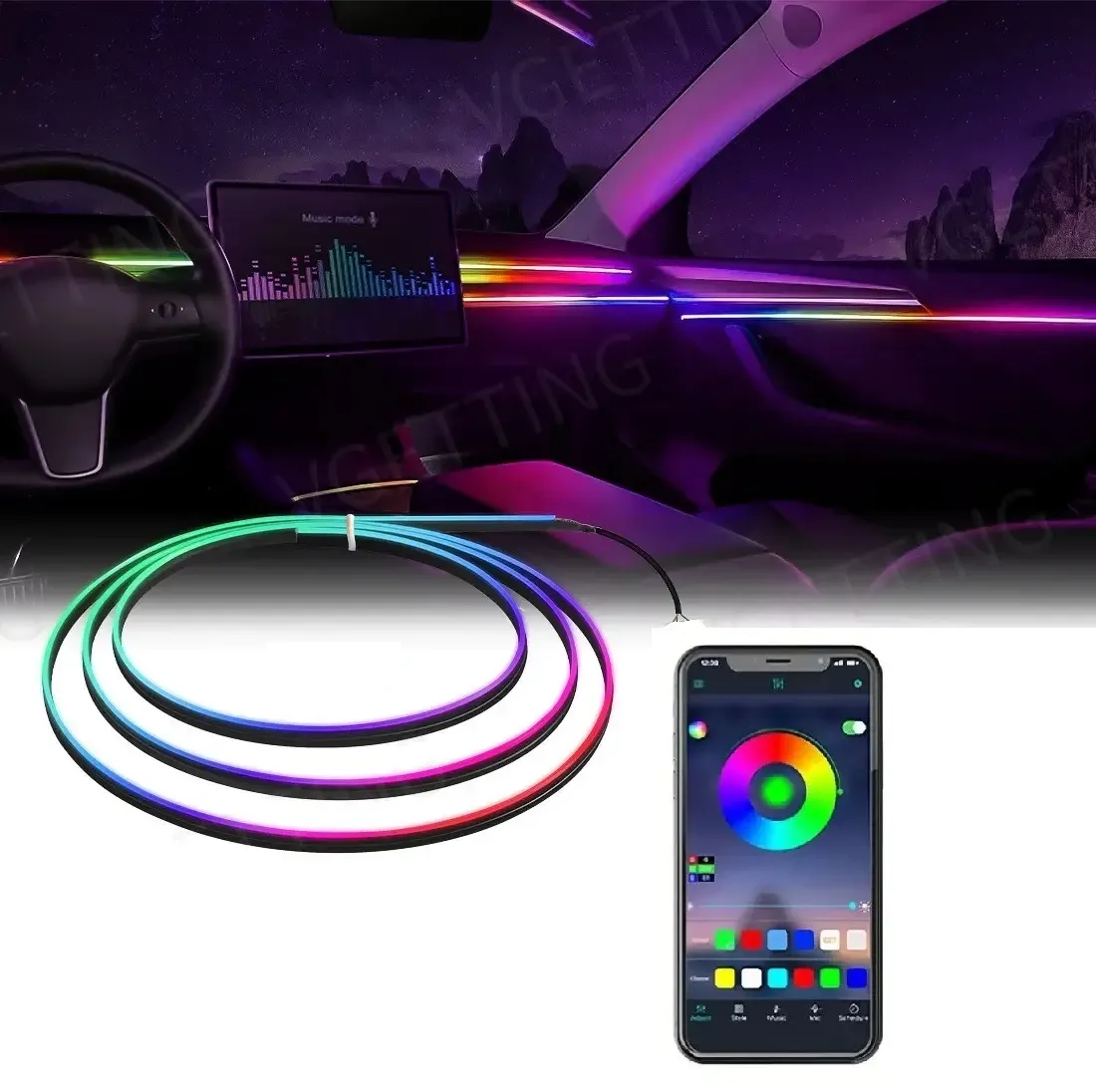Подсветка салона авто Ambient Light RGB, светодиодная лента на торпеду, USB, Bluetooth, многоцветная