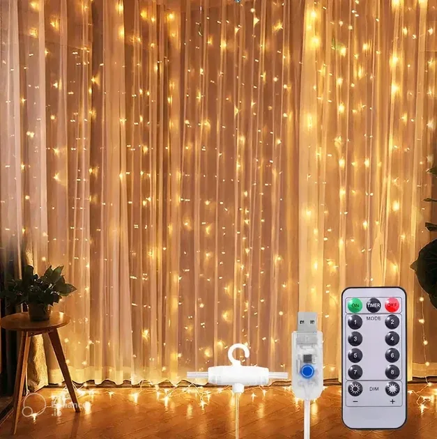 Гірлянда-штора новорічна LED 3х3 м, USB, пульт, 8 режимів, регульована яскравість