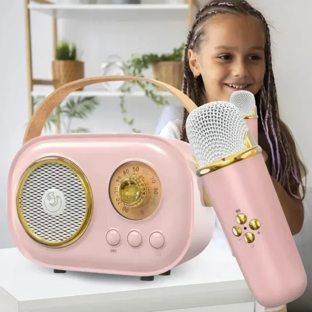 Портативна Bluetooth-колонка для караоке з мікрофоном на акумуляторі, рожева