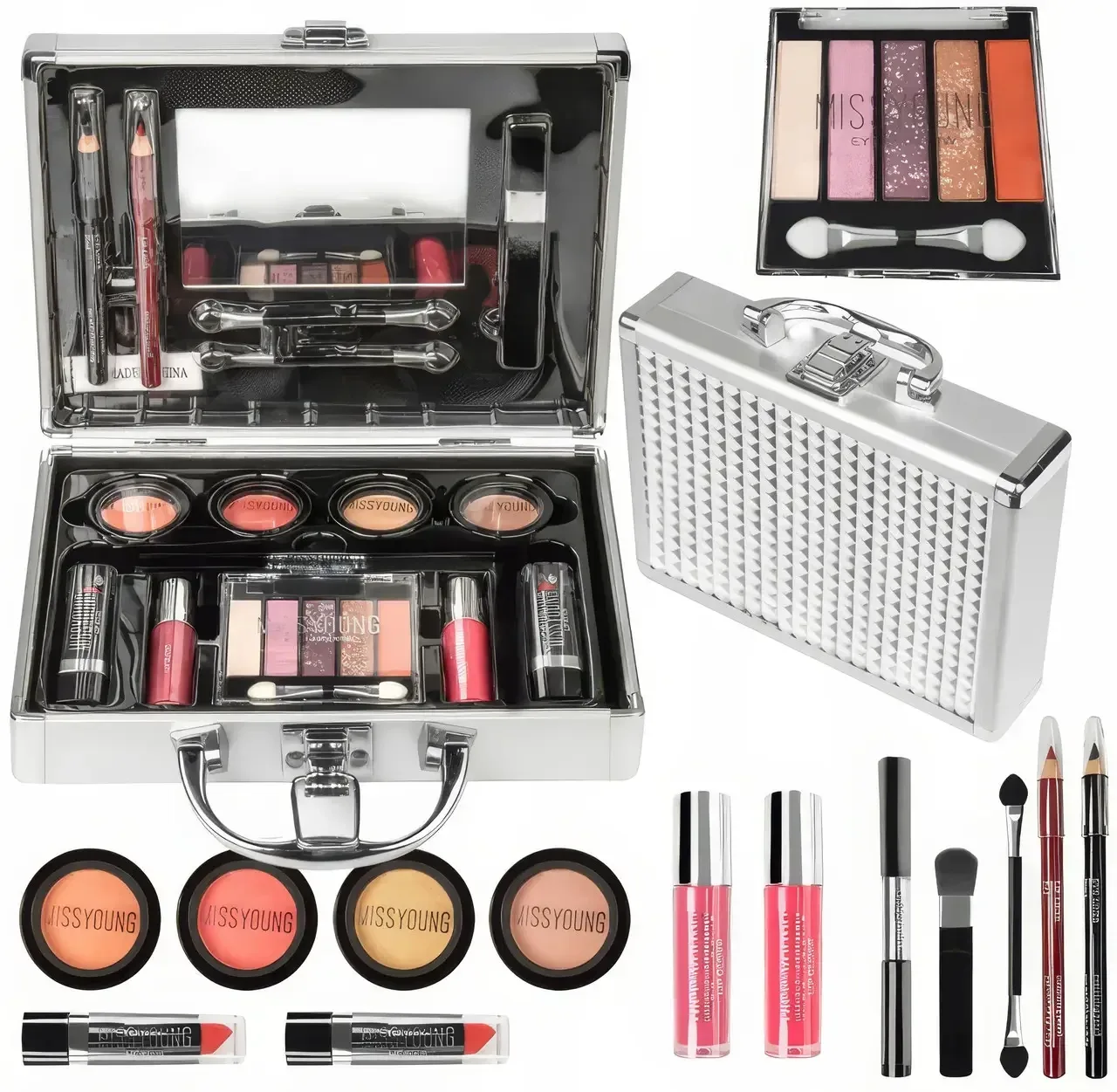 Набір декоративної косметики в алюмінієвому кейсі з дзеркалом Makeup Set MC1488, срібний