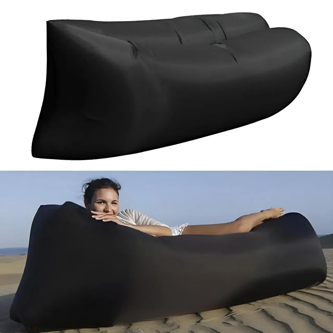Ламзак пляжний диван-мішок чорний, надувний матрас 160×70 см AIR SOFA CLOUD