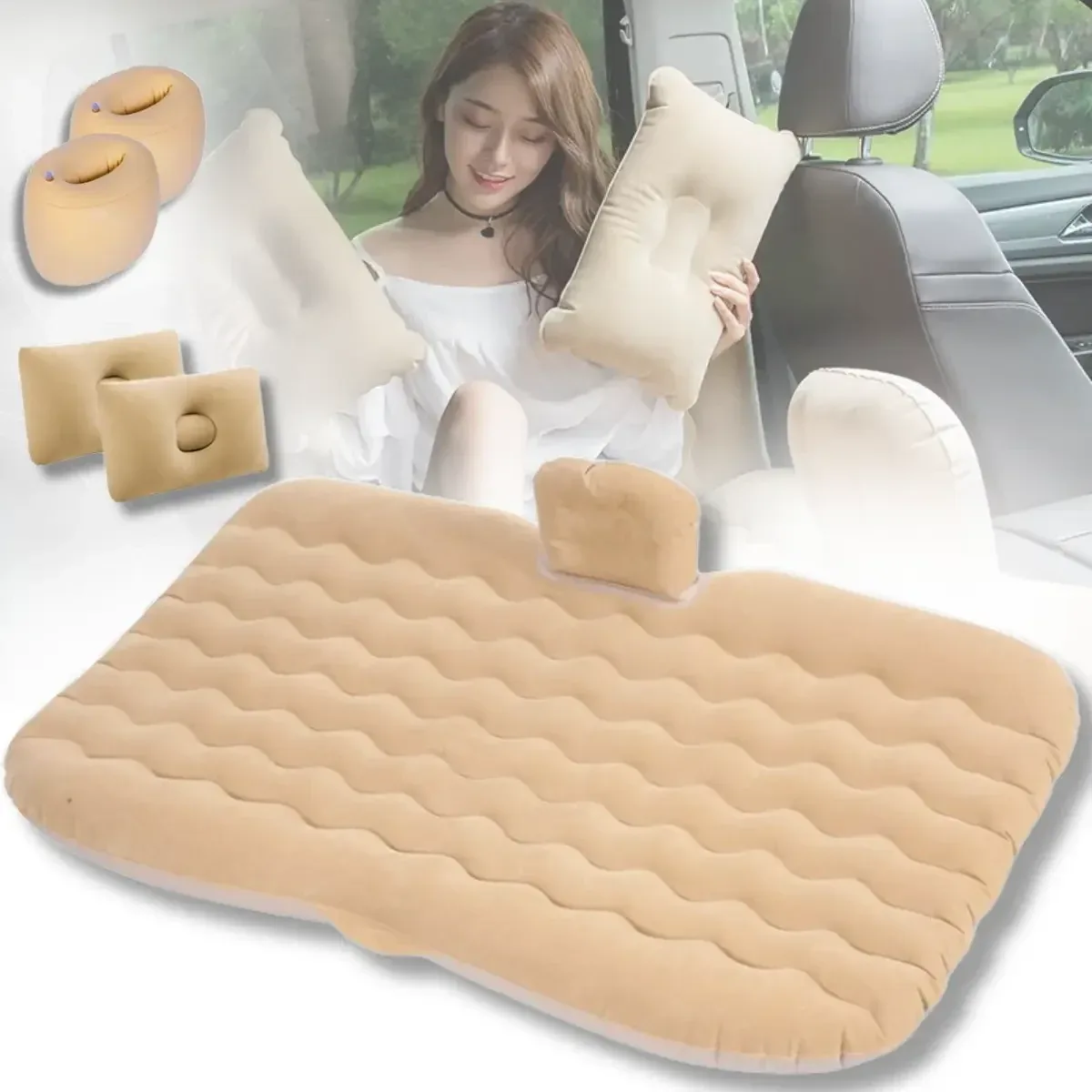 Автомобильный надувной матрас Car Travel Bed 132×80×15 см, бежевый, для заднего сиденья