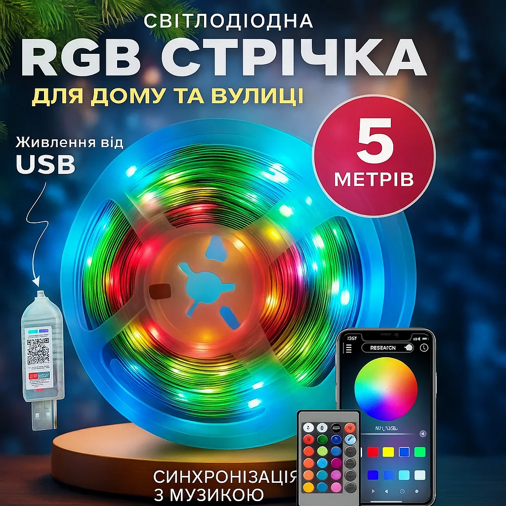Гирлянда светодиодная LED RGB 5050, 5 м, IP67 водонепроницаемая, USB 5.5V, управление Bluetooth + звук + пульт