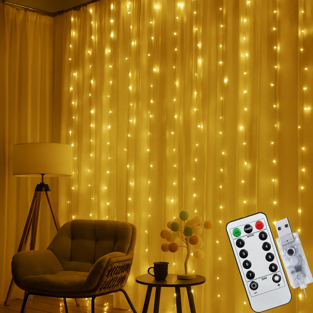 Новорічна гірлянда-штора USB, 200 LED, 3х2 м, 10 ниток, SFK-43, теплий білий