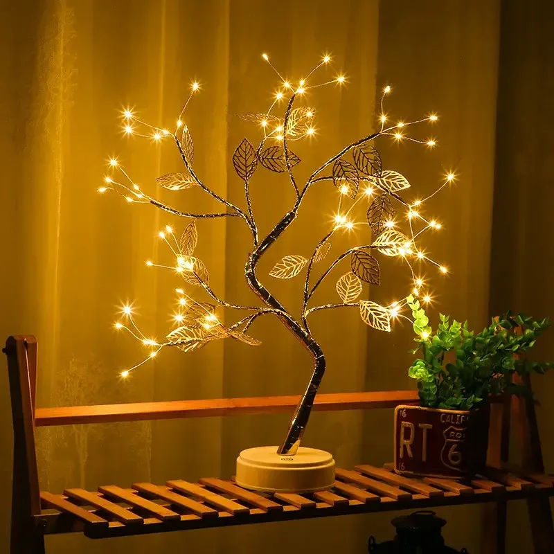 Настольная лампа Дерево Berger TreeLight, серебристая, с листьями, USB + 3 батарейки AA