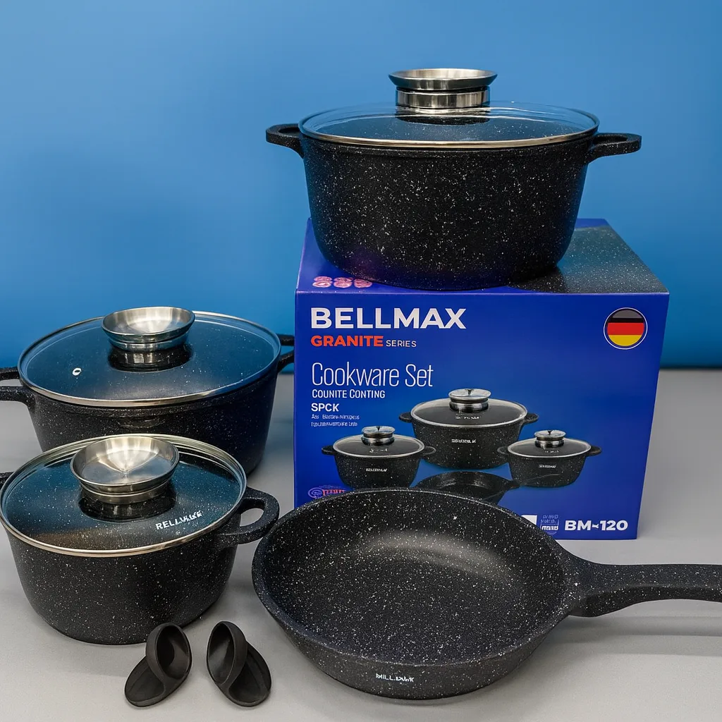 Набор кухонной посуды Bellmax BM-120, литой алюминий с гранитным покрытием, 9 предметов, черный