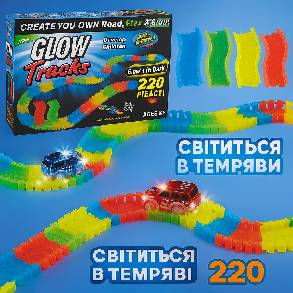 Дитячий гоночний трек Magic Tracks, 220 деталей, світиться в темряві, з машинкою з підсвіткою