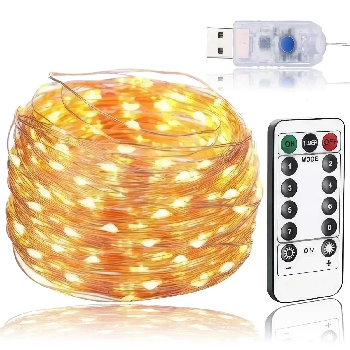 Новогодняя LED-гирлянда Капля Росы, серый провод, с пультом, питание USB, теплый белый, 20 м