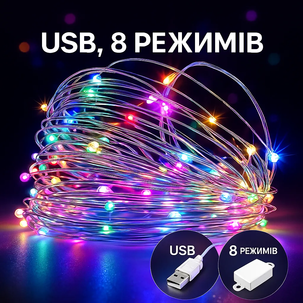 Гирлянда светодиодная «Роса» 20 м, 200 ламп, мультиколор, 8 режимов, USB 5V + сеть 220 В