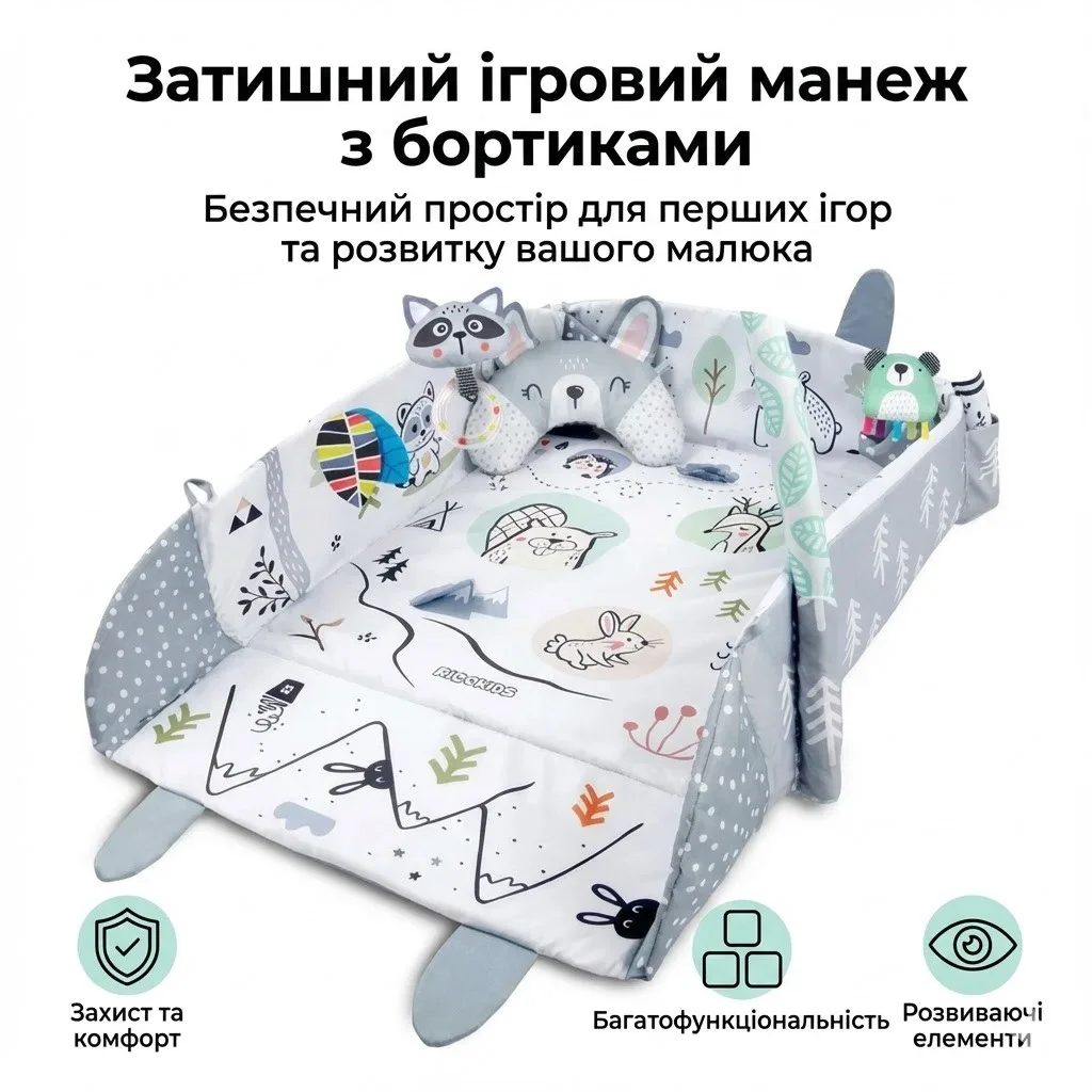 Розвиваючий килимок Ricokids з дугами і іграшками, білий/сірий, 110×100 см