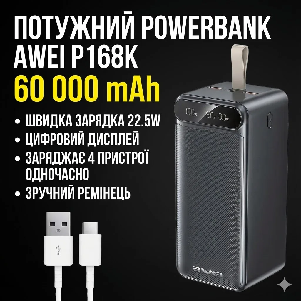 Павербанк Awei 100000 мАч 22.5W с фонарем, быстрая зарядка