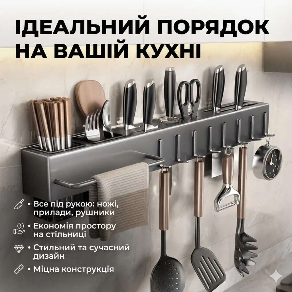 Тримач-полиця кухонна настінна SKLM-5, 40 см, для приборів і рушників