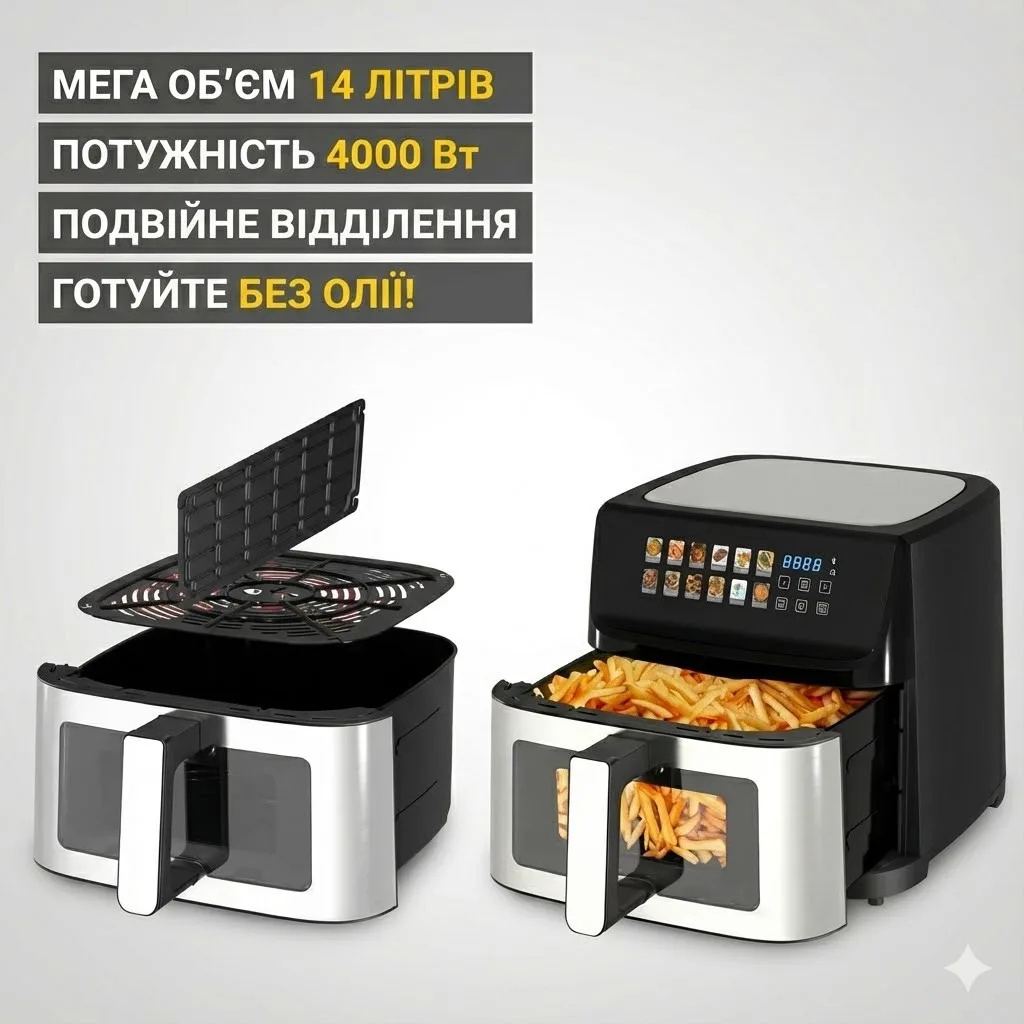Аэрофритюрница Zepline ZP-211, 14 л, 4000 Вт, двойная камера, сенсорное управление