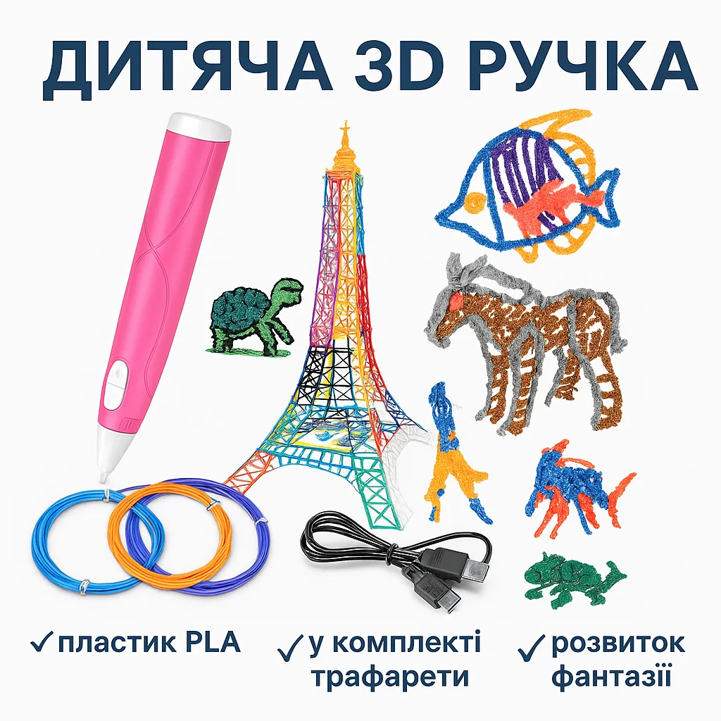 3D-ручка дитяча для малювання 3D-6-2, еко-пластик, набір з трафаретами Сиреноголовий, рожева